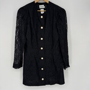 Vintage Leslie Fay Black Floral Lace Button Goth Grunge Steampunk 80s Women's 14